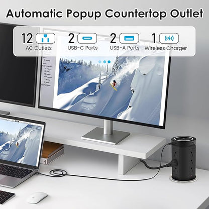 4-inch Pop Up Outlet for Countertop with 45W USB,17-in-1 Desktop Power Strip with 15W Wireless Charger,12 Outlets 4 USB Ports,15Amp Tamper Resistant Receptacle for Home Office Kitchen Black