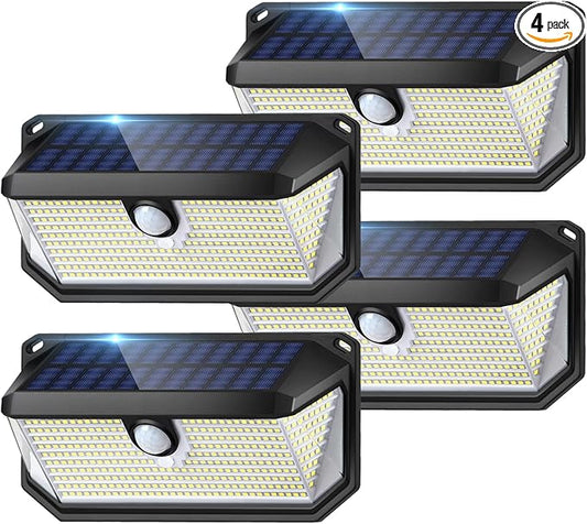 Solar Lights Outdoor Waterproof, 4-Pack Super Bright 388 LEDs Motion Sensor Security Lights with Lights Reflector and 3 Lighting Modes, Waterproof Solar Wall Lights for Patio, Deck, Fence, Garage