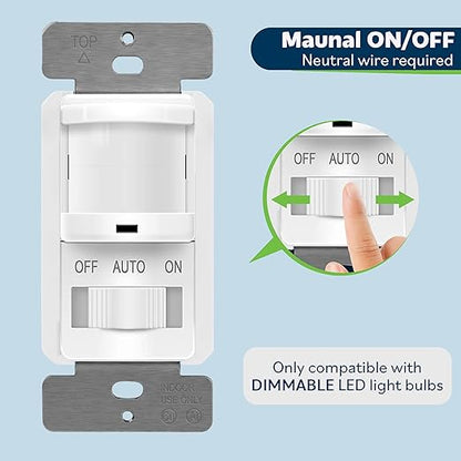TOPGREENER in Wall PIR Motion Sensor Light Switch, Single Pole Occupancy Sensor Switch, Motion Sensor Switch, Need Neutral Wire, On/Off Override, 4A, 500W, TSOS5-W, 1Pack, White
