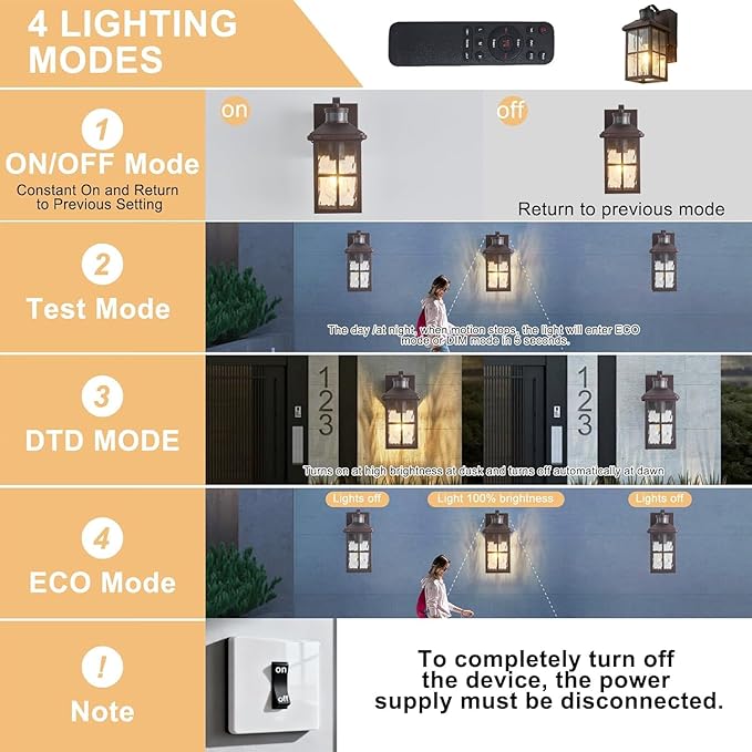 Porch Light with GFCI Outlet with Remote, Dusk to Dawn Outdoor Lighting with Outlet, Upgraded 4 Lighting Modes Motion Sensor Outdoor Lights, Waterproof Outside Lights for House Patio Garage Front Door
