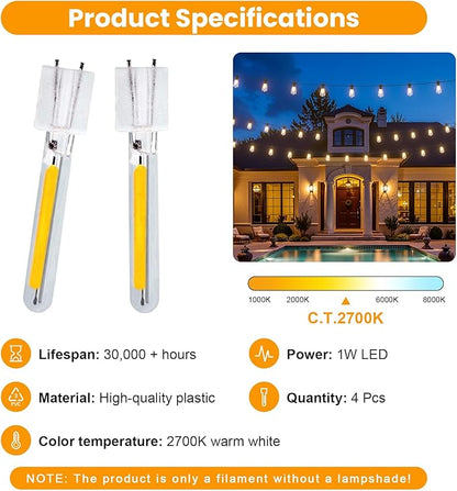 FOOMAN String Lights Replacement LED Bulb Filament 4 Packs, ST38 G40 LED Light Bulb Accessories, 1 Watt Equivalent 2700K Warm White Filament