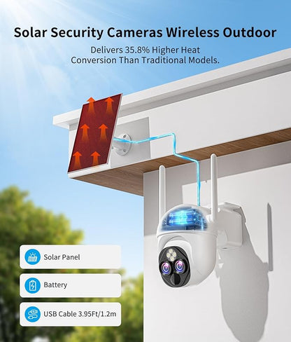 Dual-Lens Solar Security Cameras Wireless Outdoor, 10x Zoom to See Further 360 PTZ WiFi Camera for Home Security with Color Night Vision, AI Body Detection, 2-Way Audio, Spotlight Siren Alarm