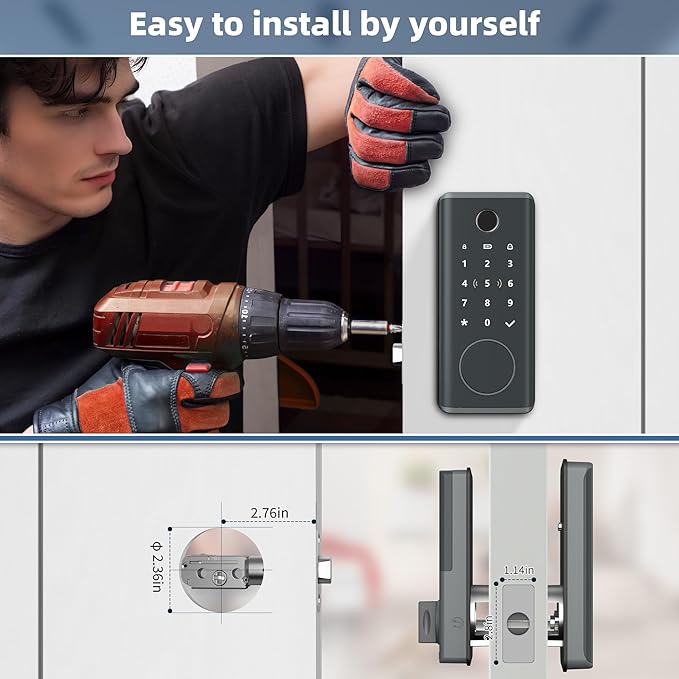 Smart Door Lock with Fingerprint & Keyless Entry, Tuya Smart Devices Compatible, Bluetooth Touchscreen Keypad, for Home Security & Smart House Automation, Easy Installation for Wood Doors