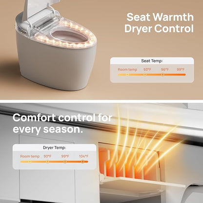 Smart Toilet with Bidet Built-in: Bidet Toilet with 4 Washing Child Friendly Modes, Elongated Heated Seat, One Piece Toilet with Dryer, Remote, Foot Sensor, Auto Flush Lid&Seat, UV-C Night Light