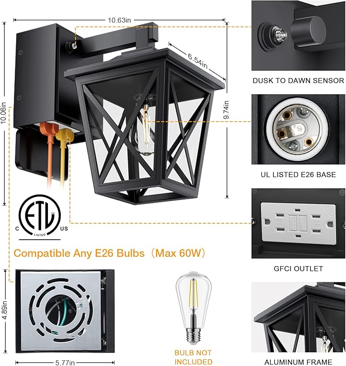 Ehaho Porch Lights with Outlet, Dusk to Dawn Outdoor with Outlet Built-in, Waterproof Anti-Rust Aluminum Outside Light with GFCI Outlet, Wall Sconce Light with Plug for Front Door (Black 1PC)