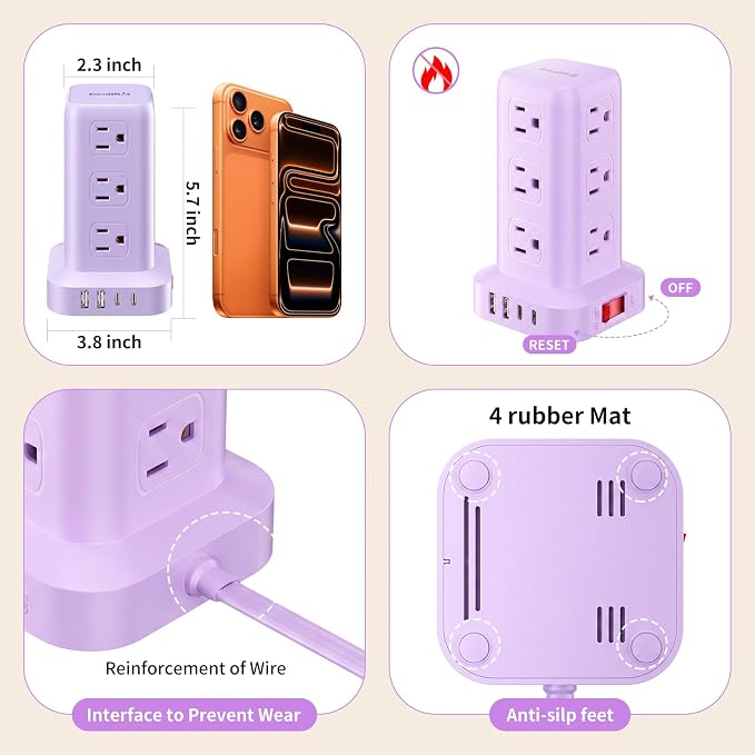 Extension Cord with Multiple Outlets, SMALLRT Power Strip Tower, Outlet Extender with 12 AC Outlets 4 USB, 6.5FT Extension Cord for Home Dorm Room, Office Supplies, Purple