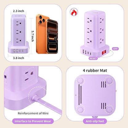 Extension Cord with Multiple Outlets, SMALLRT Power Strip Tower, Outlet Extender with 12 AC Outlets 4 USB, 6.5FT Extension Cord for Home Dorm Room, Office Supplies, Purple
