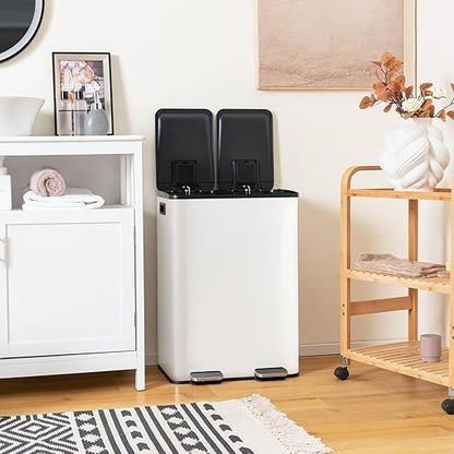 Goplus 16 Gallon/ (2x30L) Stainless Steel Trash Can, Kitchen Trash Bin w/Dual Removable Inner Buckets, Soft Closure & Step-on Pedal, Deodorizer Compartment, Garbage Bin for Recycling, White