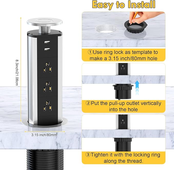 Pop up Outlet for Countertop, 3 AC Outlets & 2 USB-A, 3-1/4 Inch Silver