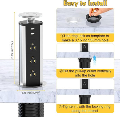 Pop up Outlet for Countertop, 3 AC Outlets & 2 USB-A, 3-1/4 Inch Silver