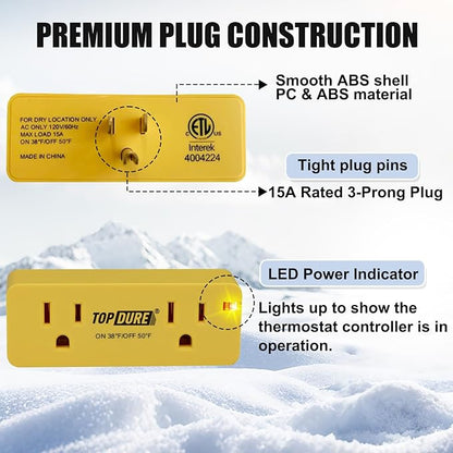 Thermostat Plug Outlet for Heat Cables, Temperature Controlled Outlet with Auto On at 38℉/Off at 50℉