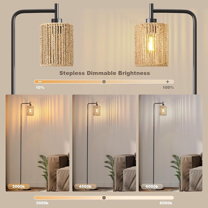 Oneach 66" Black Floor Lamp for Living Room, Boho Floor Lamp with Remote Control and LED Bulb, Rattan Shade, Industrial Tall Farmhouse Standing Lamp for Bedroom, Dining Room, Study Room, Office