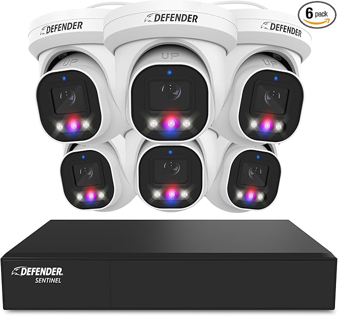 Defender AI Powered Sentinel Pro Turret 8CH NVR PoE Security Camera System, 6pc Metal Turret Cameras, 109° Wide Angle, IP66 Rated, Audio Recording, Web Viewing, 1TB HDD, Works w/Empower App
