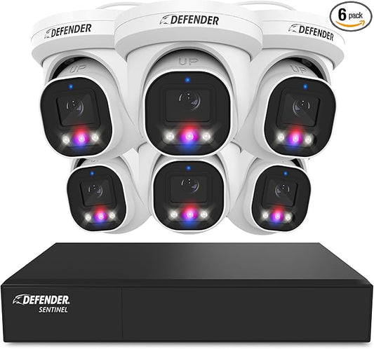 Defender AI Powered Sentinel Pro Turret 8CH NVR PoE Security Camera System, 6pc Metal Turret Cameras, 109° Wide Angle, IP66 Rated, Audio Recording, Web Viewing, 1TB HDD, Works w/Empower App