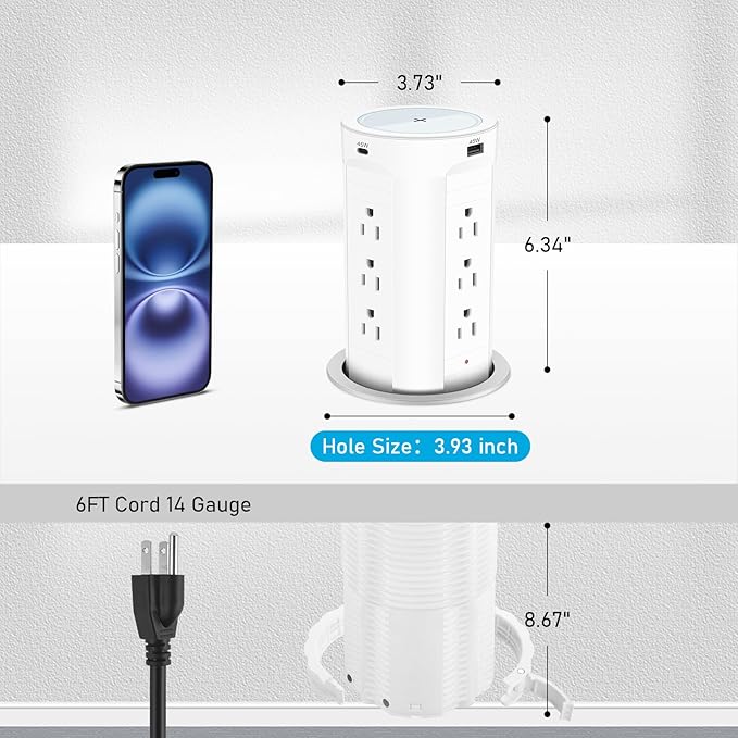 4-inch Pop Up Outlet for Countertop with 45W USB,17-in-1 Desktop Power Strip with 15W Wireless Charger,12 Outlets 4 USB Ports,15Amp Tamper Resistant Receptacle for Home Office Kitchen White