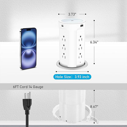 4-inch Pop Up Outlet for Countertop with 45W USB,17-in-1 Desktop Power Strip with 15W Wireless Charger,12 Outlets 4 USB Ports,15Amp Tamper Resistant Receptacle for Home Office Kitchen White
