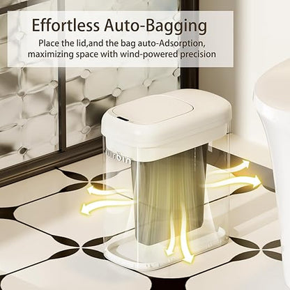 MRBIN Motion Sensor Adsorption Bag Bathroom Trash Can with Lid and Wheels, 10L/2.6gal Automatic Waste Basket Slim Electric Metal Garbage Bin for Office, Bedroom, Rv, Cream White