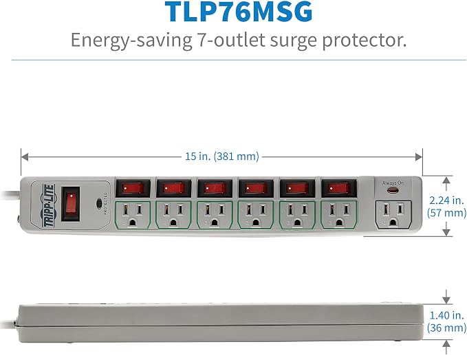 Tripp Lite 7-Outlet Surge Protector Power Strip with 6 Individually Controlled Switches, 6 Foot / 1.83M Cord, Lifetime Limited Warranty & $25,000 Insurance (TLP76MSG)