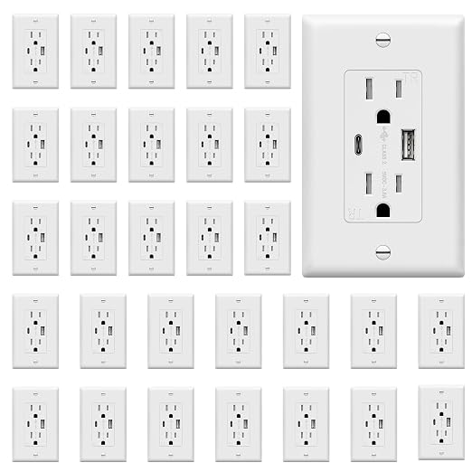 TOPGREENER USB Outlets, 4.2A Type C & Type A Wall Outlet, White, 30 Pack | UL Listed, 15 Amp USB Outlets Receptacles, Tamper Resistant Receptacle Plug, Charging Power Outlet, Wall Plate Included