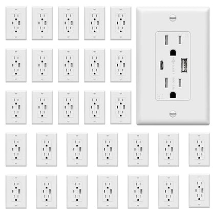 TOPGREENER USB Outlets, 4.2A Type C & Type A Wall Outlet, White, 30 Pack | UL Listed, 15 Amp USB Outlets Receptacles, Tamper Resistant Receptacle Plug, Charging Power Outlet, Wall Plate Included