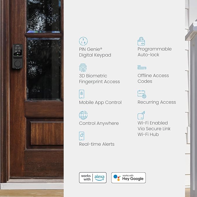 Lockly Secure Pro Smart Deadbolt Lock — Fingerprint Keyless Entry, PIN Genie® Patented Keypad, up to 99 Fingerprints, up to 33 Access Codes, Wi-Fi Hub Included, ANSI Grade 1, Alexa & Google Compatible