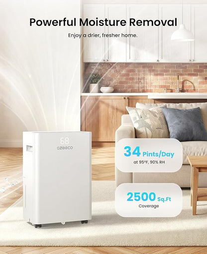 Dehumidifier for Basement up to 2500 Sq.Ft, ozeeco Home Dehumidifier Max 34 Pint/Day, with 0.45 Gal Water Tank, Drain Hose, Ultra Quiet, Child Lock, 24H Timer for Bedroom, Bathroom, RV