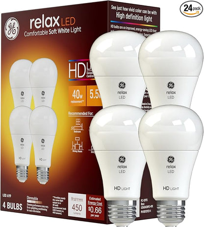 GE Relax LED Light Bulbs, 40 Watt, Soft White, A19 (24 Pack)