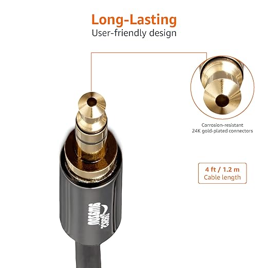 Amazon Basics 2-Pack 3.5mm Stereo Audio Cable for Car Stereo, Speaker or Subwoofer with Gold-Plated Plugs, Smartphone Compatible, 4 Foot, Black