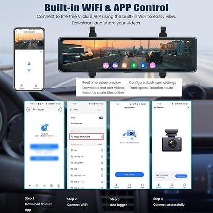 4K Mirror Dash Cam 11.26" Rear View Mirror Front and Rear View Dual Cameras with Night Vision,G-Sensor,Loop Recording,Parking Assistance,APP Control,24H Parking Monitor,Waterproof Backup Camera