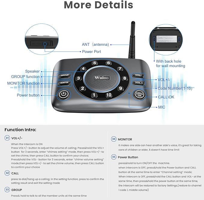 Wuloo Hands-Free Intercoms Wireless for Home Business, Upgrade Two Way Audio Intercom System for Elderly, Full Duplex Room to Room Intercom with 5280 ft Range Clear Sound Anti-Interference, Pack of 4