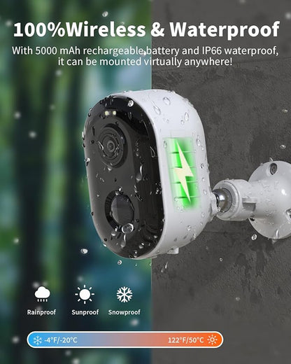 Security Cameras Wireless Outdoor, Battery Powered 2k Color Night Vision, AI Motion Detection Spotlight Siren, IP66 Weatherproof, 2-Way Talk, SD/Cloud Storage, 2.4Ghz WiFi Cameras for Home Security
