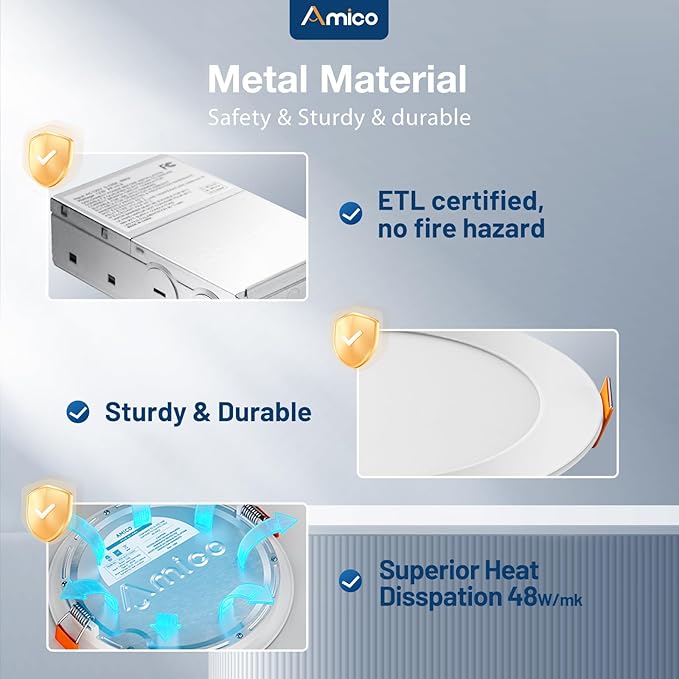 Amico 20 Pack 4 Inch 5CCT Ultra-Thin LED Recessed Ceiling Light with Junction Box, 2700K/3000K/3500K/4000K/5000K Selectable, 11W Eqv 70W, Dimmable Can Light, 800LM High Brightness Downlight - ETL