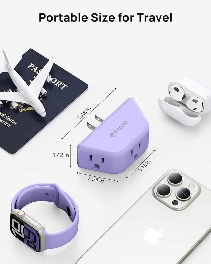 TROND Purple Outlet Extender with 3 Way Angled, for Tight Spaces | 3-Prong Grounded Outlet Adapter, Cruise Ship Essentials, Compact and Practical, for Bathroom and Kitchen