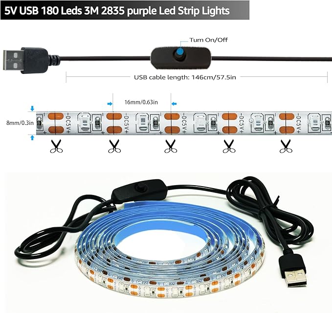 UV LED Strip Lights, 5V USB 9.84ft Black Light with Switch SMD 2835 395nm-405nm IP65 Waterproof Total 180 LEDs Rope Strips for Bar, Halloween Party, Club, Decoration