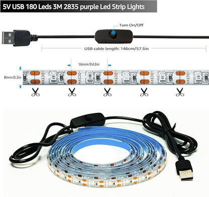 UV LED Strip Lights, 5V USB 9.84ft Black Light with Switch SMD 2835 395nm-405nm IP65 Waterproof Total 180 LEDs Rope Strips for Bar, Halloween Party, Club, Decoration