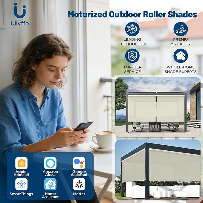 Motorized Outdoor Shades, Custom Patio Roller Blinds with Remote, Smart Exterior Sun Shades Compatible with Alexa, HomeKit, Google Home (1% Openness Beige)