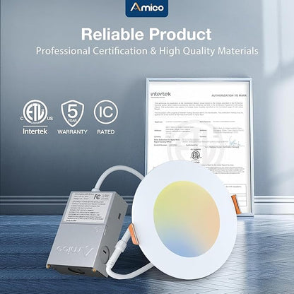 Amico 4 Pack 4 Inch 5CCT Ultra-Thin LED Recessed Ceiling Light with Junction Box, 2700K/3000K/3500K/4000K/5000K Selectable, 10W Eqv 60W 800LM Brightness Dimmable Canless Wafer Downlight, ETL & FCC