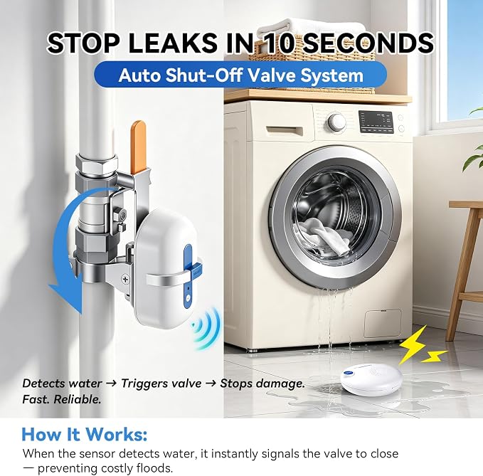 WiFi Smart Water Leak Detection & Auto Shut-Off Kit – 1 EVO Valve Controller + 2 Wireless Sensors, No Hub Needed, Works with Alexa & Google Home, Real-Time App Alerts for Home & Business