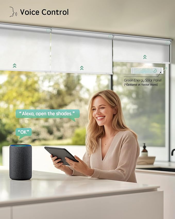 Yoolax Motorized Blinds with Remote, Flame Resistat mart Roller Shades Work with Alexa, Google, Apple Homekit, Custom Automatic Shades with Voice Control for Living Room (3% Openness White)
