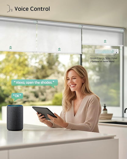 Yoolax Motorized Blinds with Remote, Flame Resistat mart Roller Shades Work with Alexa, Google, Apple Homekit, Custom Automatic Shades with Voice Control for Living Room (3% Openness White)