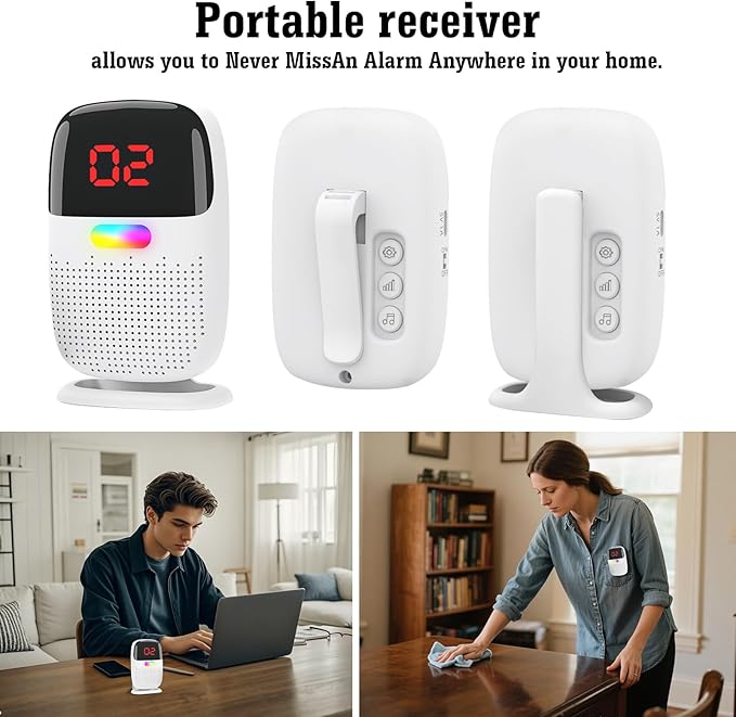 Caregiver Pager System with Digital Display for Elderly Assistance, Fall Prevention, and Nurse Calling，Wearable Wireless Pager for Patient Help at Home(1 Call Buttons + 2 Receivers)