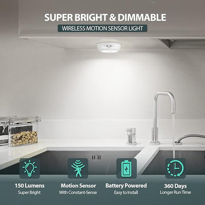 Reoshine Motion Sensor Light Indoor, LED Night Light Closet Lights, Under Cabinet Lights, AA Battery Operated Stick on Wireless Puck Lights for Wall, Step, Stair, Dimmable (3 Pack)