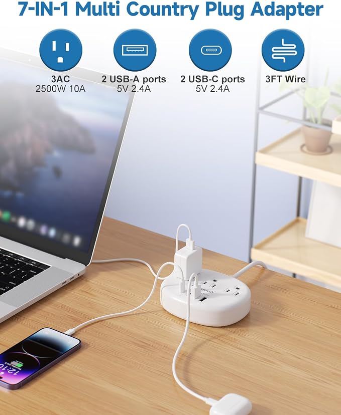 European Travel Plug Adapter, Multi Country Plug Adapter 3FT