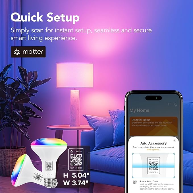 OREiN Matter Smart Light Bulb, BR30 Smart Bulbs, 60W E26 Base RGBTW Color Changing Bulbs 2.4Ghz WiFi Only, 650LM Led Bulb Compatible with Alexa, Apple Home, Google Home, SmartThings, 4 Pack