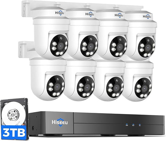 Hiseeu 3K PTZ Wired Security Camera System Outdoor with Color Night Vision,Audio,8 x 5MP IP67 CCTV Cameras,5MP DVR 8CH,3TB HDD,360°Coverage,Person/Vehicle Detection,Alarm Spotlight,24/7 Recording