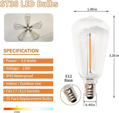 ST38 Replacement Bulbs 25 Pack, Shatterproof Waterproof IP65 LED Bulbs, E12 Candelabra Base, Dimmable Warm White 2700K, for Outdoor String Lights, Patio, Chandelier and Ceiling Fan