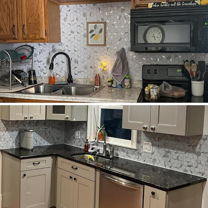 Hexagon Peel and Stick Backsplash for Kitchen Wall,10 Sheets Heat Resistant Stick on Backsplash PVC Smart Tiles, 12'' Gray White Marble Waterproof Peel and Stick Tile for Bathroom