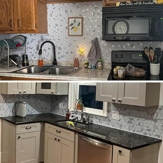 Hexagon Peel and Stick Backsplash for Kitchen Wall,10 Sheets Heat Resistant Stick on Backsplash PVC Smart Tiles, 12'' Gray White Marble Waterproof Peel and Stick Tile for Bathroom