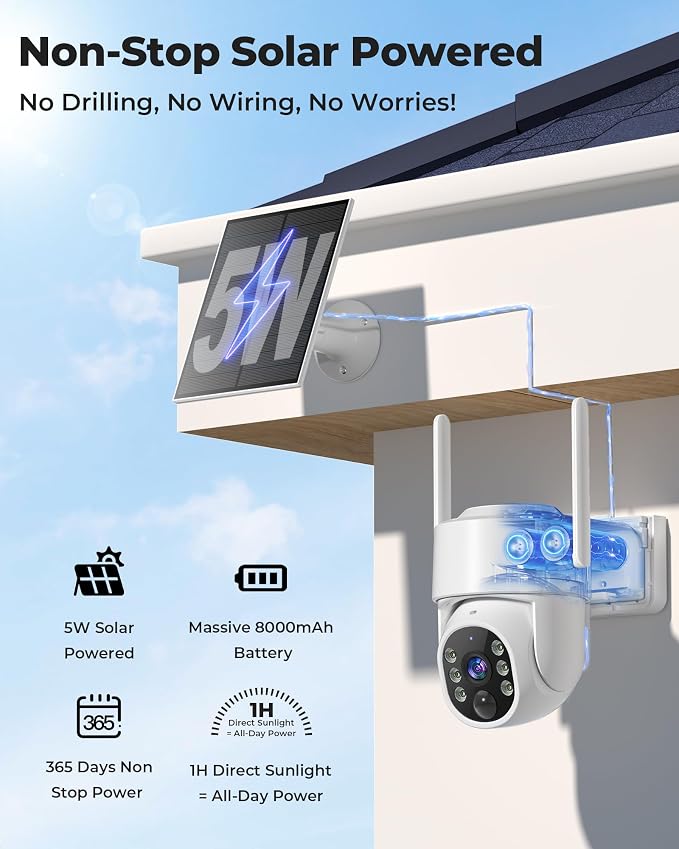 Vivideye 4MP Solar Security Cameras Wireless Outdoor, WiFi Security Camera Outside with Color Night Vision, Solar & Battery Powered 2.4G&5G Camera for Home Security,Compatible Home Hub Only