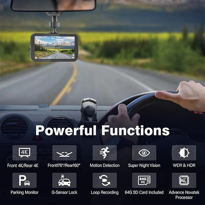 Miden 4K+4K Dash Cam Front and Rear,Free 64G SD Card,2160P+2160P UHD Dual Dash Camera for Cars,176°+160°Wide Angle,3.5'' IPS Screen Dashcam,Loop Recording,G-Sensor,WDR,Night Vision,24H Parking Monitor